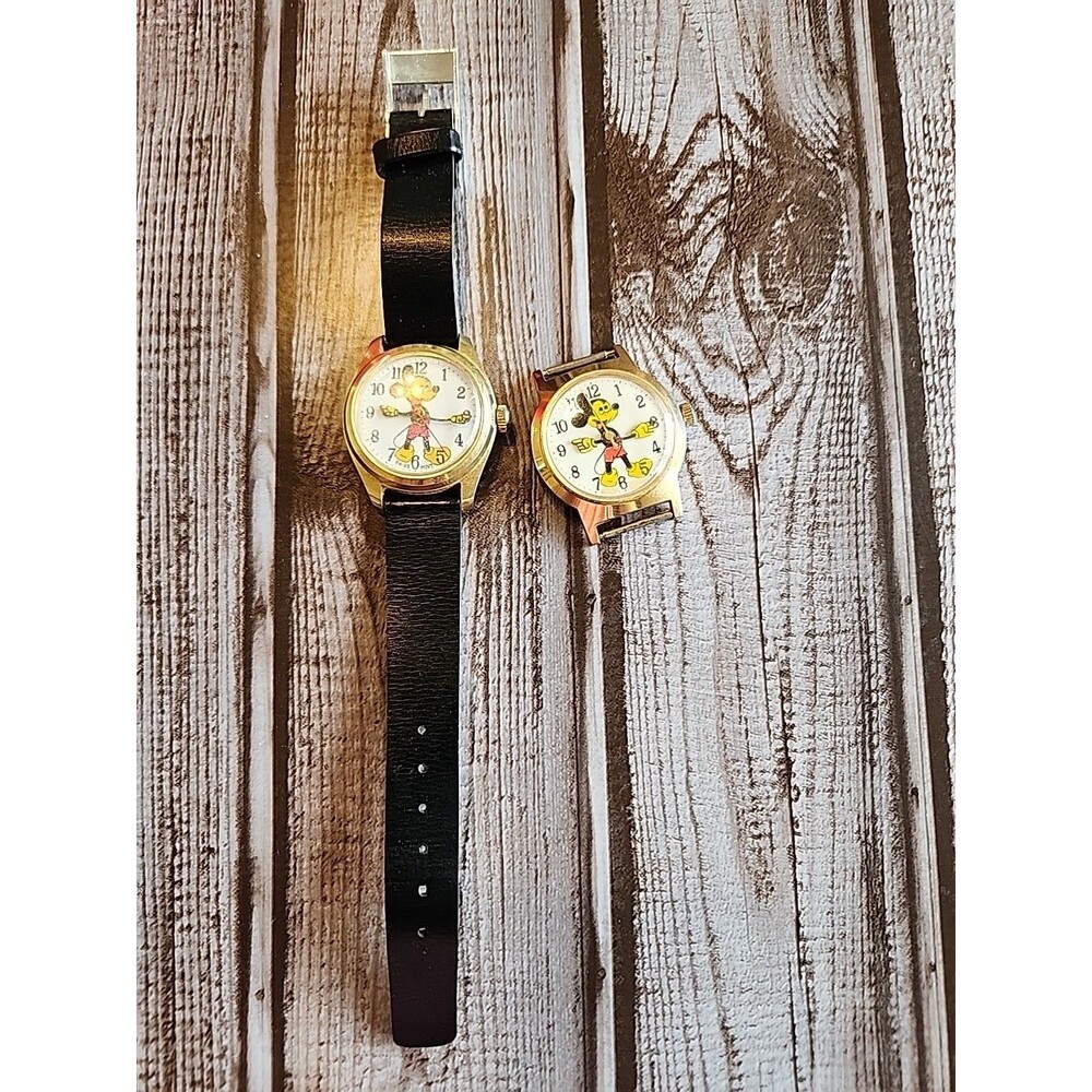 Two Vintage Gold Tone Mickey Mouse Watches (For Parts)